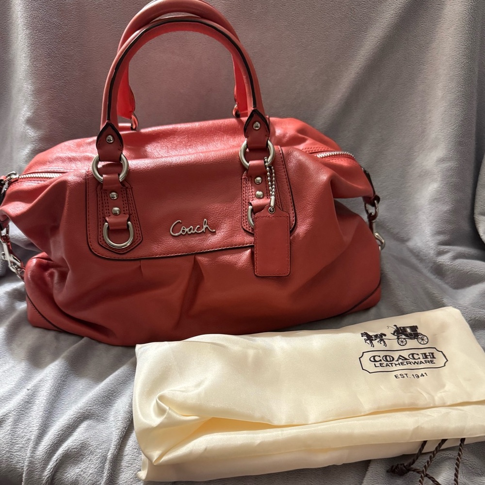 Coach 2012 Ashley Coral-Red Leather Satchel with Silver Hardware and Dust Bag